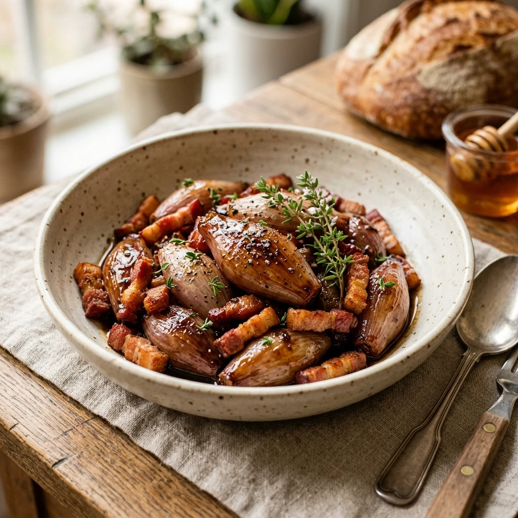 Honey-Glazed Shallots with Crispy Bacon and Balsamic