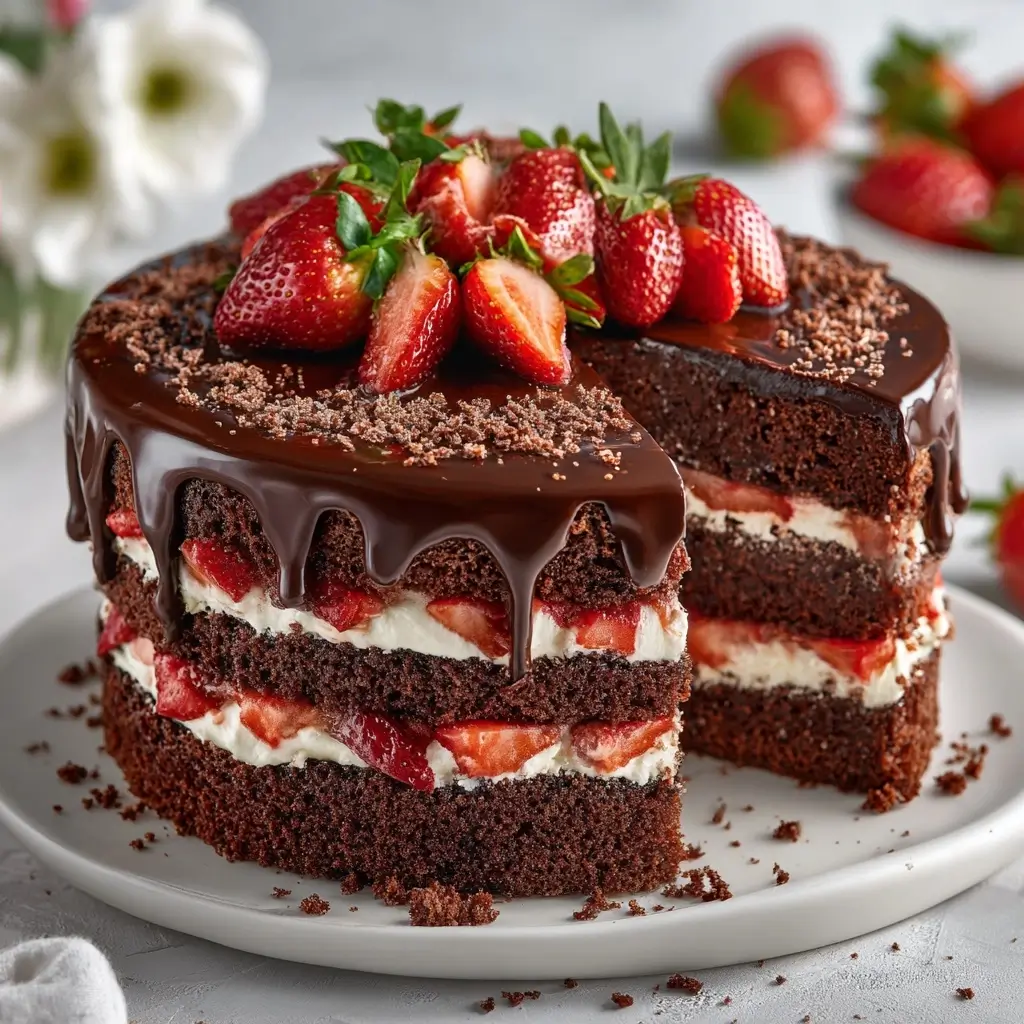 Irresistible Strawberry Chocolate Shell Cake