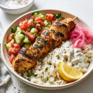 Mediterranean Rice Bowl With Grilled Chicken Tawook Skewers