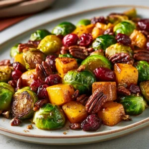Roasted Butternut Squash And Brussels Sprouts With Pecans And Cranberries Recipe For Thanksgiving