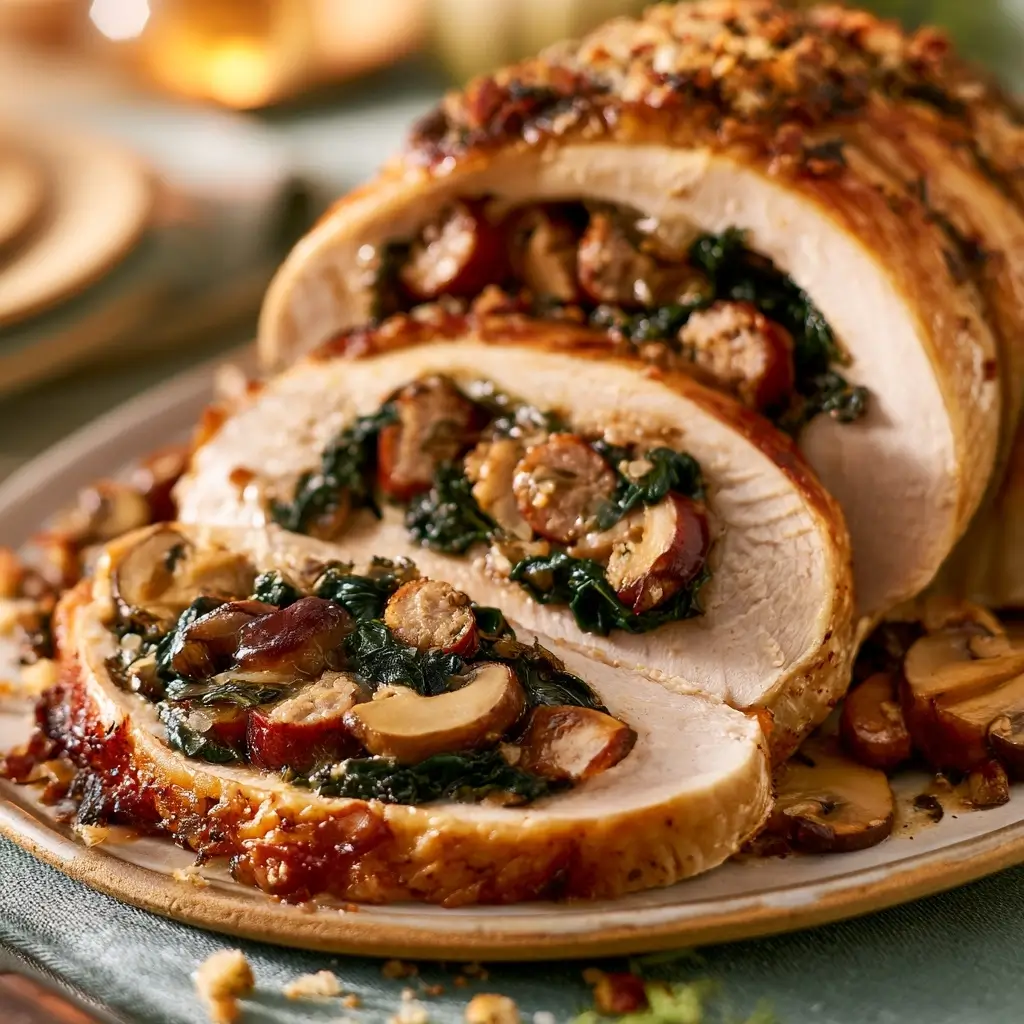 Stuffed Turkey Breast With Sausage, Mushrooms And Swiss Chard For Thanksgiving Dinner
