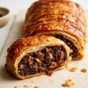 Walnut Mushroom Wellington With Caramelized Onions | Vegetarian Christmas, Meatless Main Dishes,